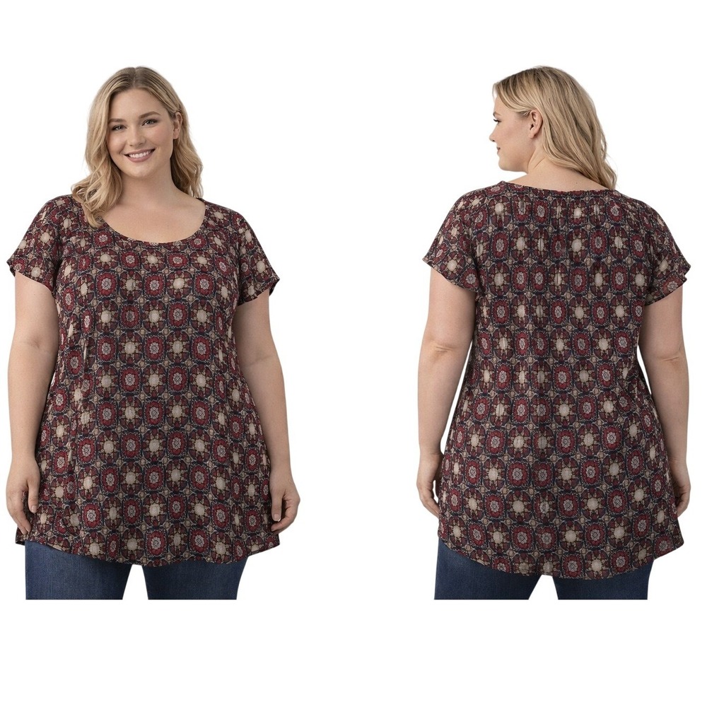 C.J.‎ Banks Medallion Blouse Womens 1X Burgundy Boho Flutter Sleeve Top